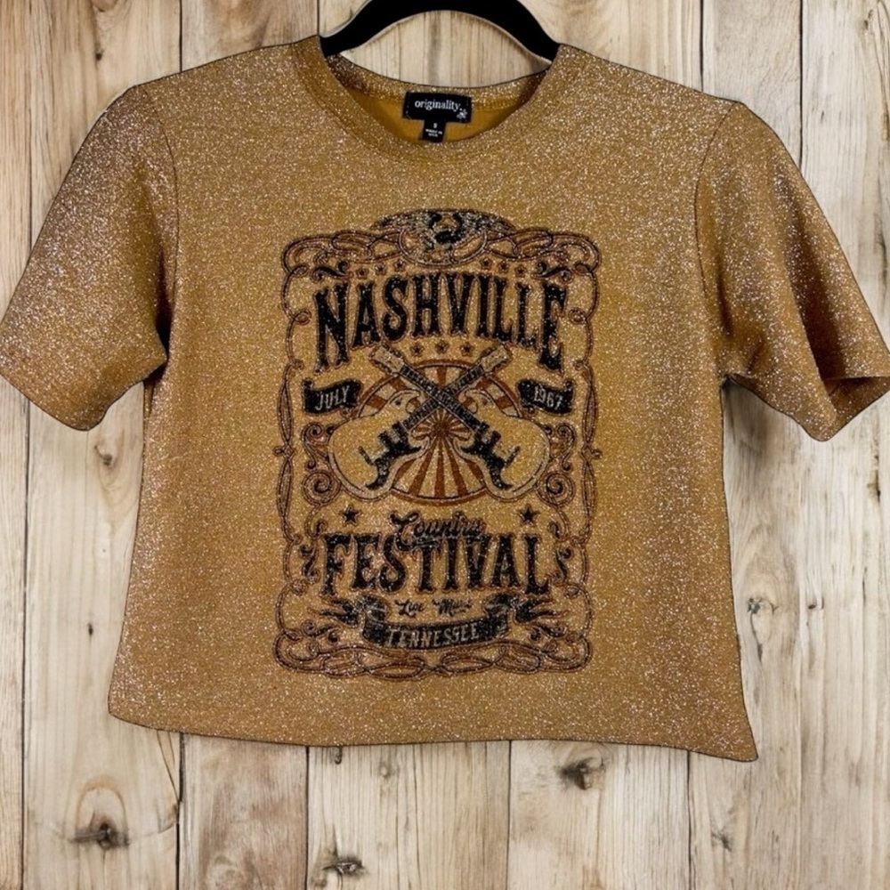 WESTERN Glitter Nashville Graphic Cropped T-Shirt Women's Size Small Festival!